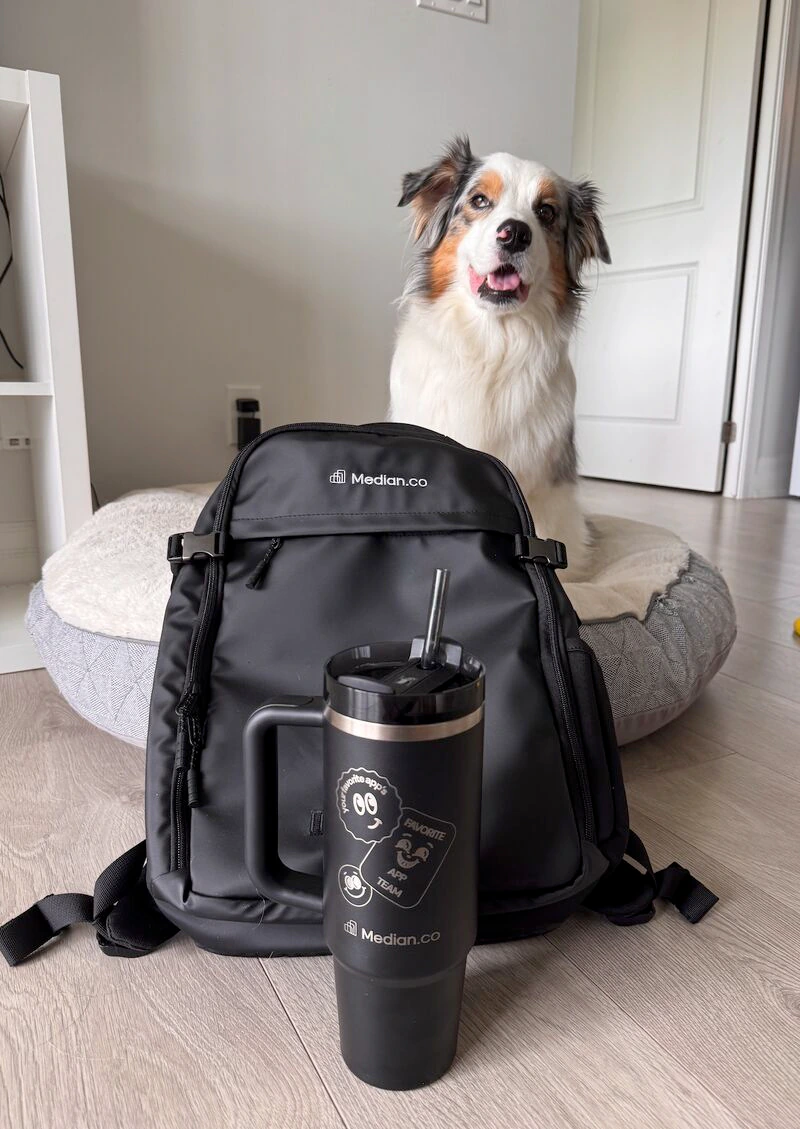 A dog relaxing beside a Median.co backpack and travel mug