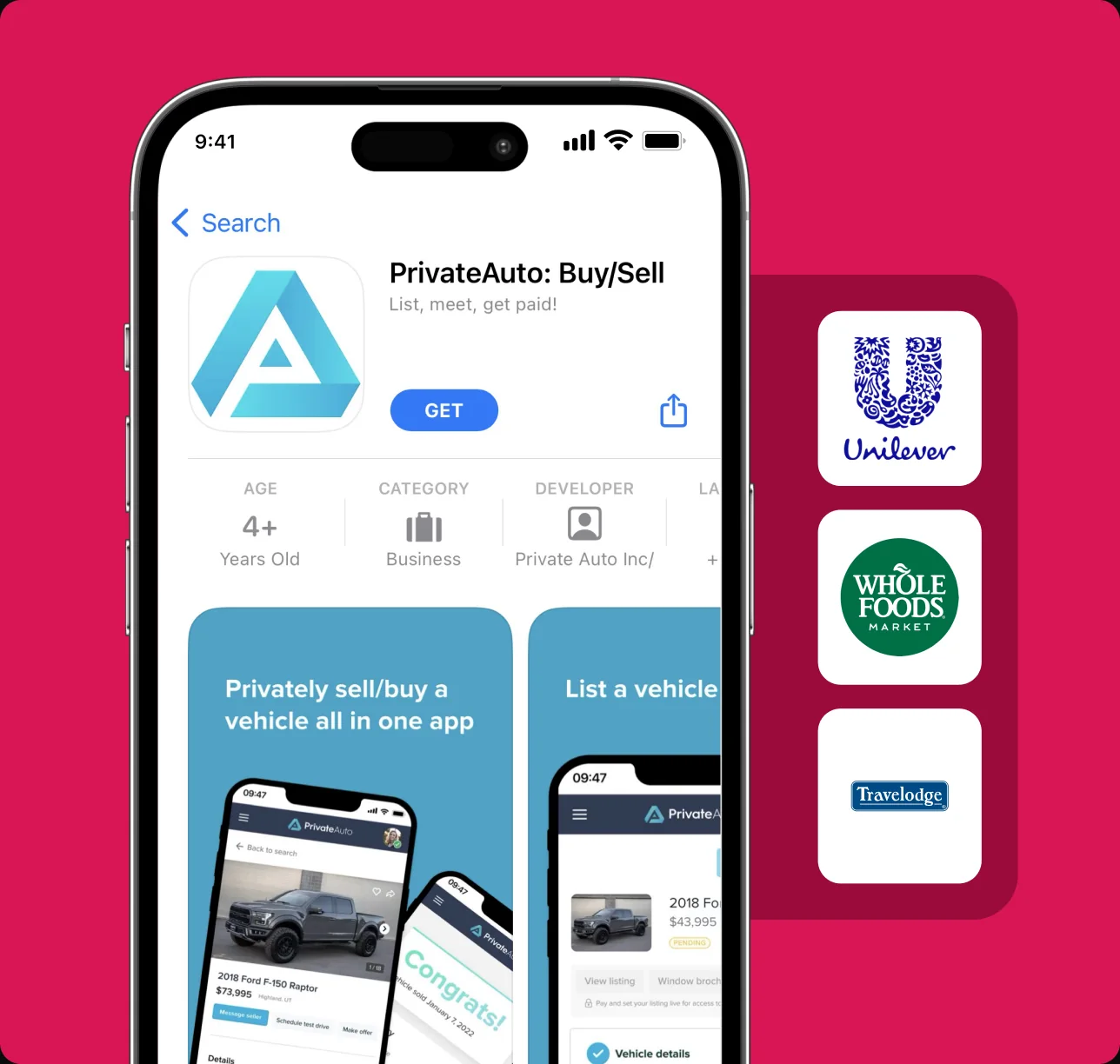 An iPhone app alongside customer logos for apps built with Median.co