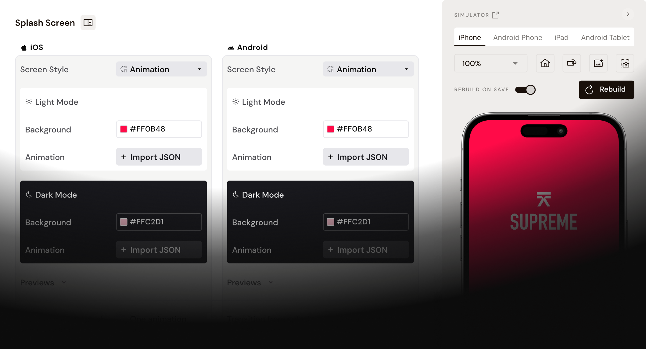 Splash screen customization interface